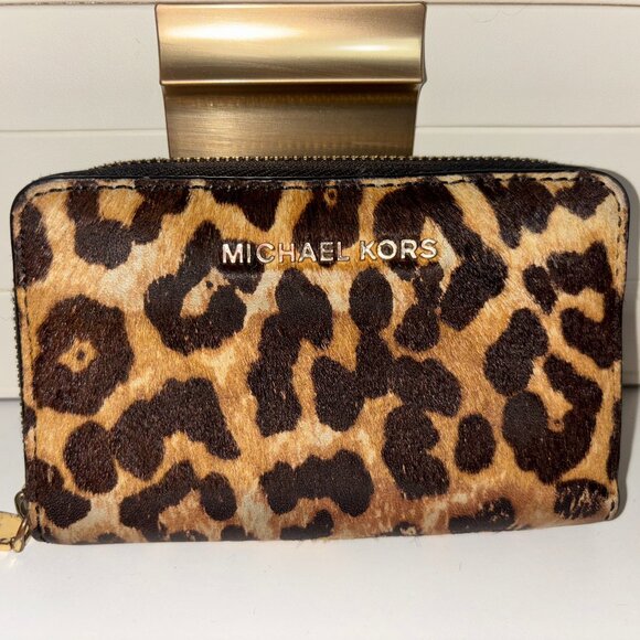 Michael Kors Jet Set Small Zip-Around Leopard Card Case Wallet, Butterscotch - Picture 1 of 8